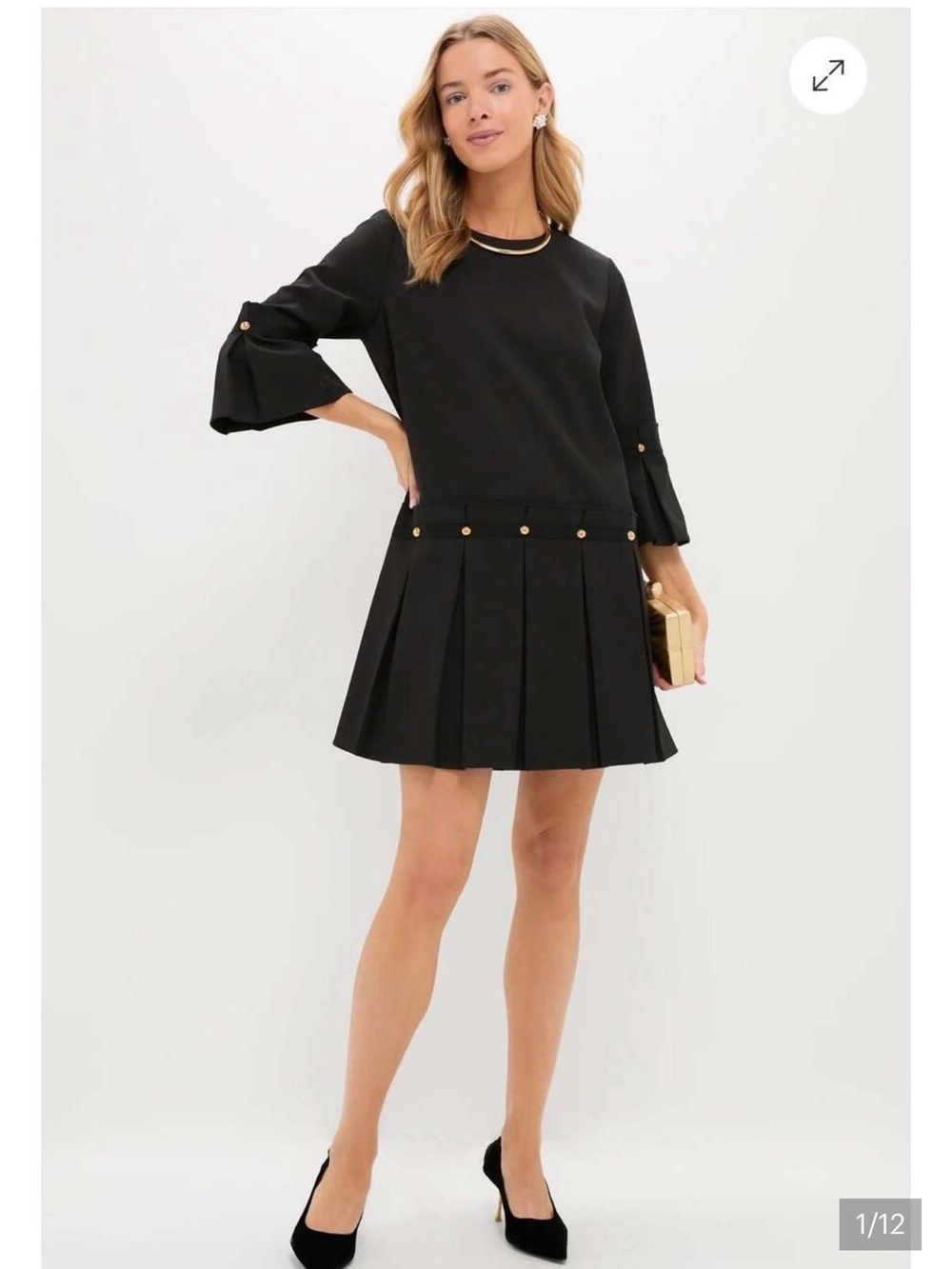 Tuckernuck Black Pleated A-Line Dress with Gold Studs